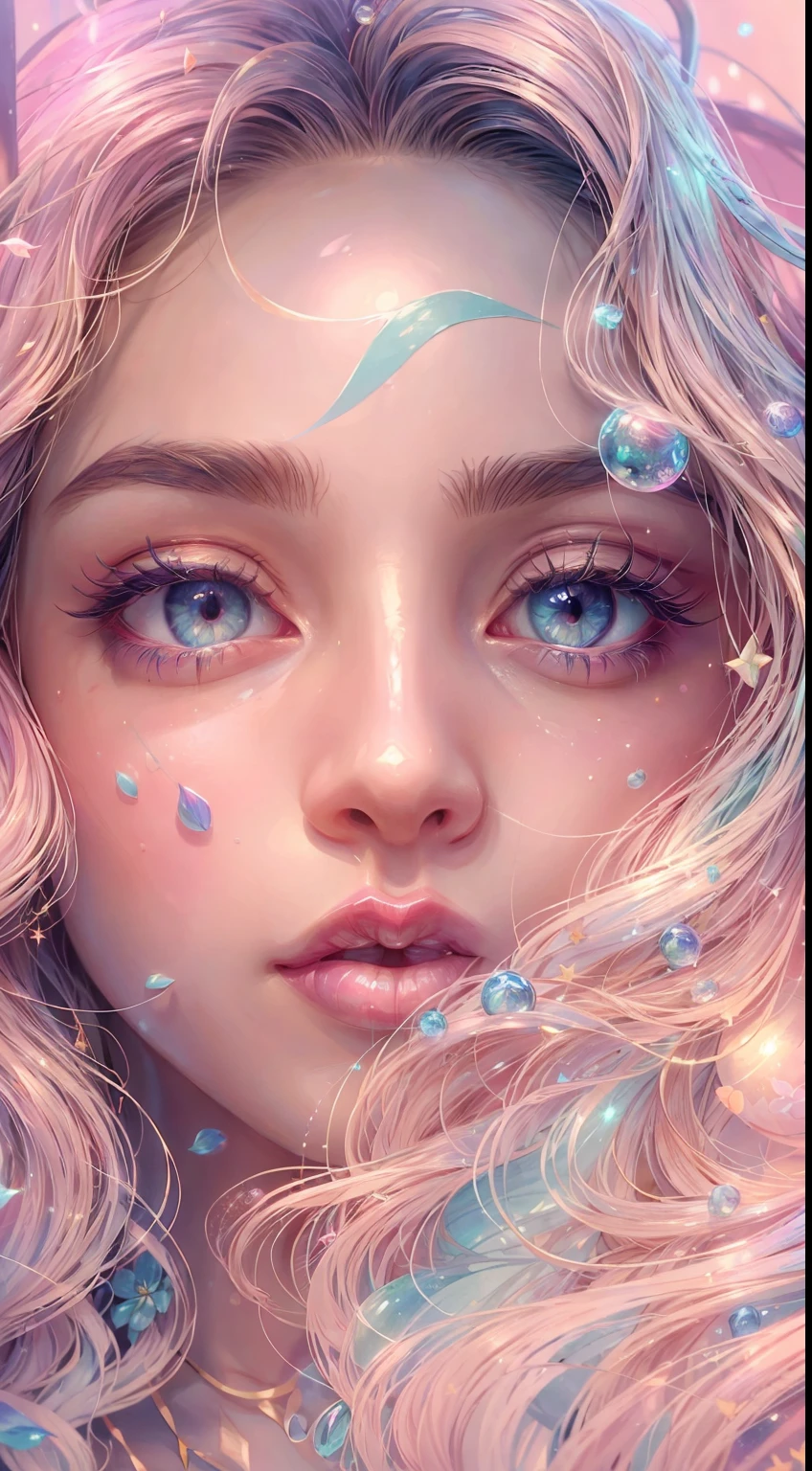 ((masterpiece)). This artwork is sweet, dreamy and ethereal, with soft pink watercolor hues and candy accents. Generate a delicate and demure fae exploring a (bubblegum world with a wide variety of pastel shades). Her sweet face is extremely detailed and realistic with elegant features and a fierce expression, and looks like ((((Naomi Scott)))). Include mature features, and puffy lips and stunning, highly realistic eyes. Her eyes are important and should be realistic, highly detailed, and beautiful. In high definition and detail, include lots of details like stars, galaxies, colorful bubbles, colorful petals, and lots of energy and emotion! The stars and colorful bubblegum bubbles are important! Include fantasy details, enhanced details, iridescence, colorful glittering wind, and pollen. Pay special attention to her face and make sure it is beautifully and realistically detailed. The image should be dreamy and ethereal.8k, intricate, elegant, highly detailed, majestic, digital photography