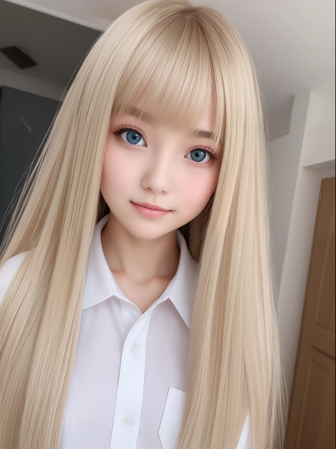 bright expression、photorealisim、top-quality、超A high resolution、a picture、Photos of the most beautiful Nordic girls、Detailed cute and beautiful face、a small face、(pureerosface_v1:0.008)、Beautiful bangs、alice in the wonderland、18year old、Glowing white shiny skin、Hair tangles in the face、Bangs that extend to the face、bangss、Hair between the eyes、Super long hair、Attractive bright natural platinum blonde super long straight silky hair、finer hair、Attractive glowing beautiful bright clear light blue big eyes、School Uniforms、student clothes、eye liner、Double eyelids、ample breasts