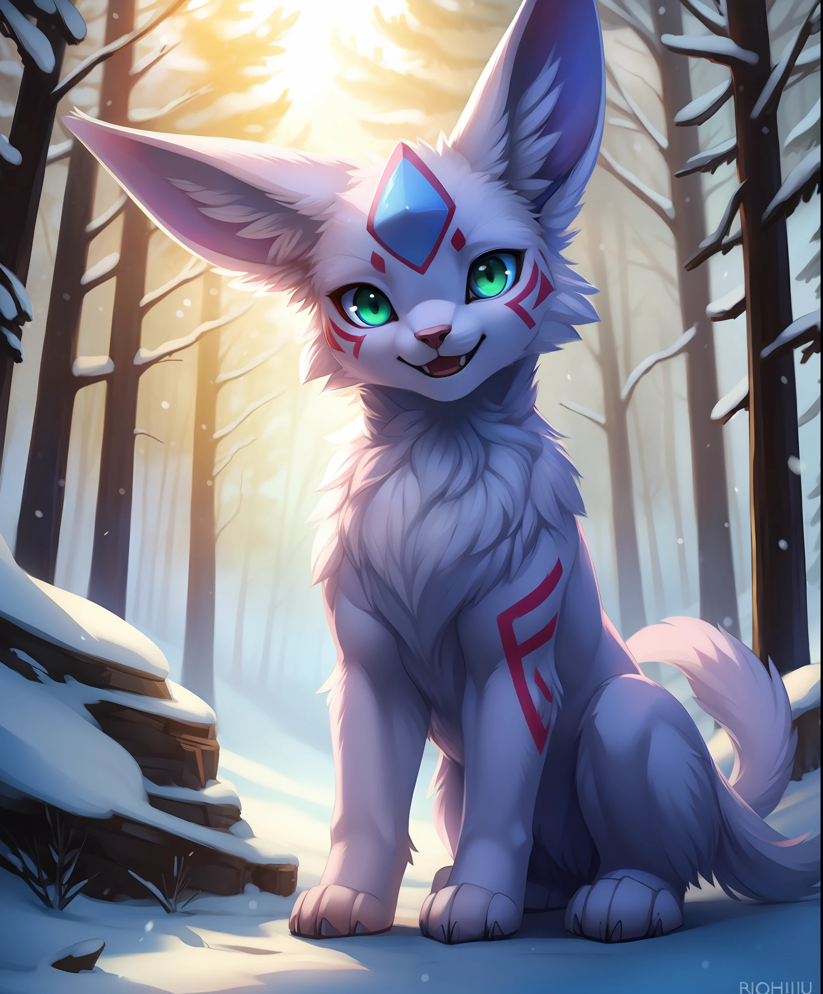 by ruan jia, by wolfy-nail, by hioshiru, by snowskau, BREAK
solo, [espeon|glaceon|glaceon|espeon], ambiguous gender, feral, standing, looking at viewer, smile, open smile, green eyes, happy, bodypaint BREAK
detailed background, snow, forest, firefly