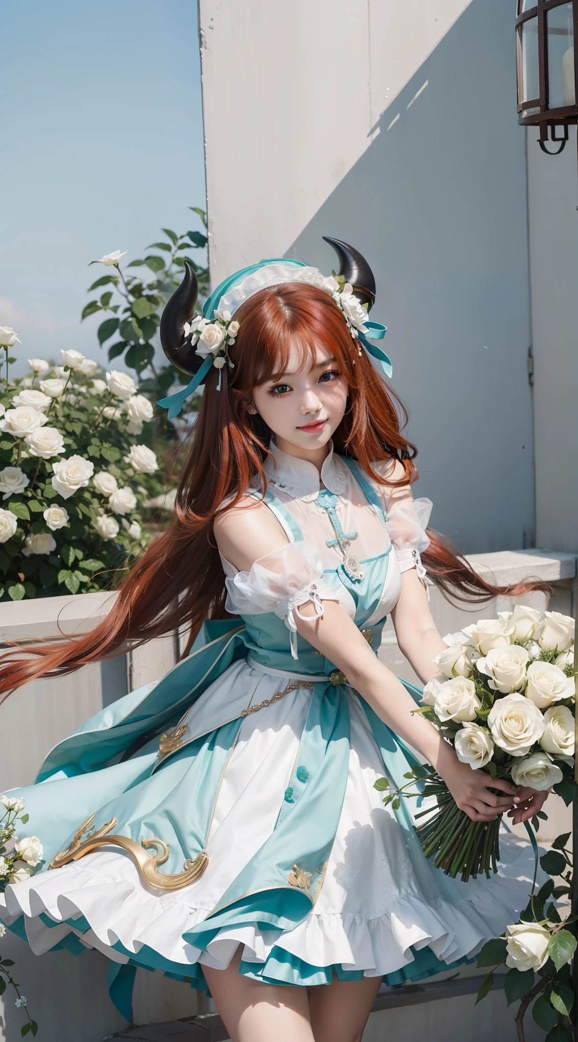 Best quality at best，超高分辨率，（真实感：1.4），（beuaty girl：1.4），Detailed facial details，Beautiful detailed eyes，light-red hair，Light green eyes，Slim，Black horns，Wearing a white and blue wedding dress，White maid hat，haunting smile，Behind it is a bush of white roses，Very meticulous clothes，Young and cute Korean face，nilou（Genshin Impact），plain face