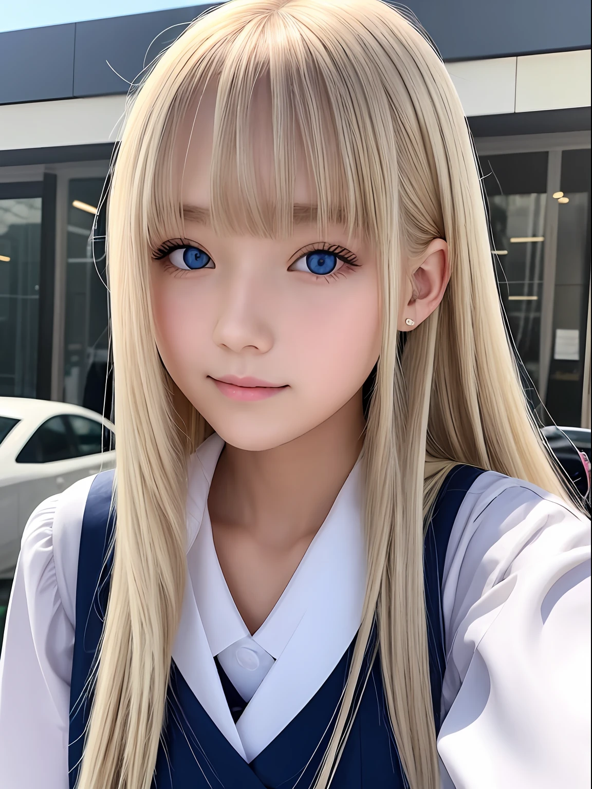 bright expression、photorealisim、top-quality、超A high resolution、a picture、Photos of the most beautiful Nordic girls、Detailed cute and beautiful face、a small face、(pureerosface_v1:0.008)、Beautiful bangs、alice in the wonderland、18year old、Glowing white shiny skin、Hair tangled in the face、Bangs that extend to the face、bangss、Hair between the eyes、Super long hair、Attractive bright natural platinum blonde super long straight silky hair、finer hair、Attractive glowing beautiful bright clear light blue big eyes、School Uniforms、student clothes、eye liner、Double eyelids、ample breasts