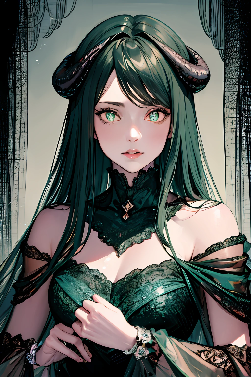 (masterpiece, top quality, best quality, official art, beautiful and aesthetic:1.2), cateyes,1girl, solo, (Stunning Eyes), armour, magic, light particles, upper body, extreme detailed, highest detailed, optical mixing, playful patterns, lively texture, unique visual effect, ((dark fantasy)), (darker colours:1.3), Ominous energy, eldritch Horror, ((Intricate Details)), (Dark Green colours)