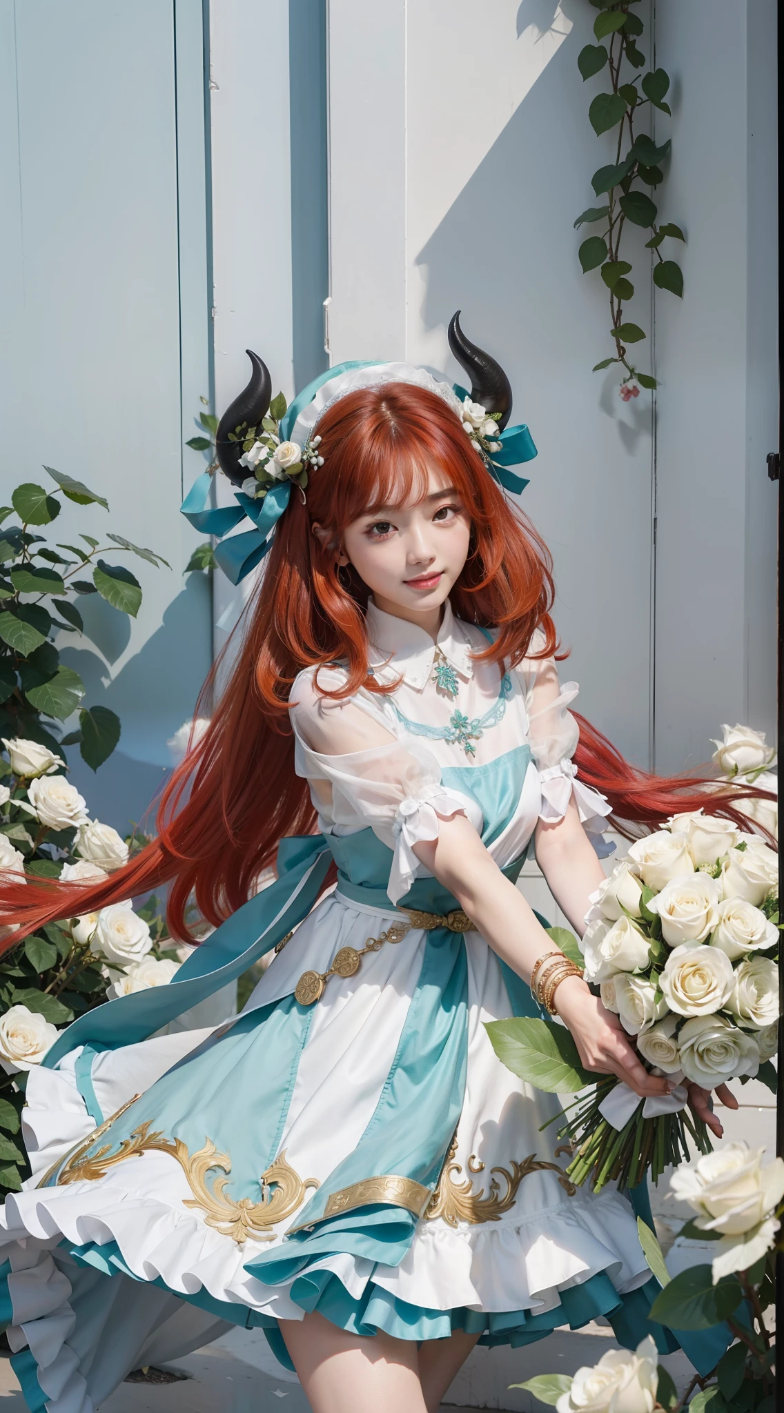 Best quality at best，超高分辨率，（真实感：1.4），（beuaty girl：1.4），Detailed facial details，Beautiful detailed eyes，light-red hair，Light green eyes，Slim，Black horns，Wearing a white and blue wedding dress，White maid hat，haunting smile，Behind it is a clump of white roses，Very meticulous clothes，Young and cute Korean face，nilou（Genshin Impact），plain face