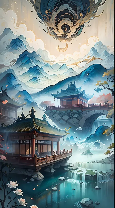 ancient chinese painting, ancient chinese background, mountains, rivers, trees, auspicious clouds, pavilions, small bridges, cyan on background, masterpiece, super detail, epic composition, ultra hd, high quality, extremely detailed, official art, unified ...