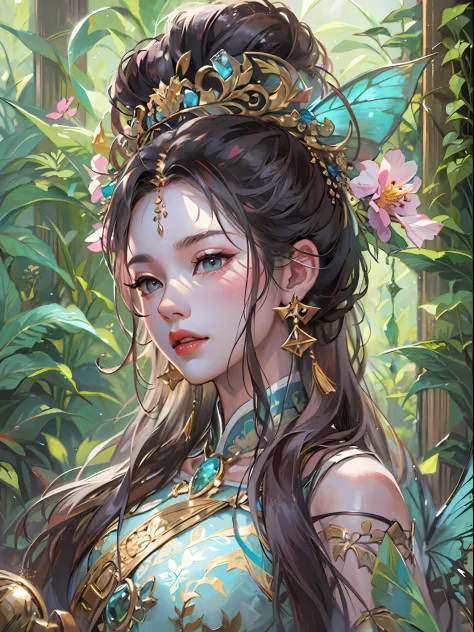HighestQuali，tmasterpiece：1.2，Detailed details，4K，fairy woman with 4 size chest, with hairstyles and flowers, in the style of influenced by ancient chinese art, subtle realism, he jiaying, dark white and dark aquamarine, Elaborate costumes, Beautiful, with...