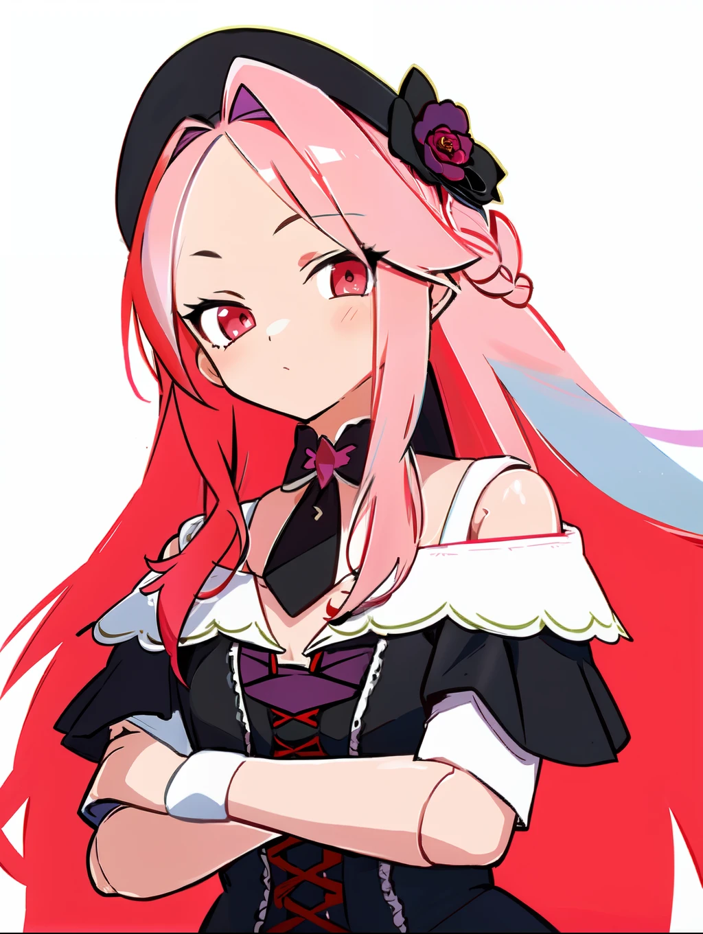 masterpiece, (best quality:1.3), sharp focus, absurdres, ++, 1girl, solo, fantasy, light purple hair, very long hair, curly hair, french braid, single sidelock, forehead, red eyes, pink eyes, multicolored eyes, small chest, flat chest, loli, victorian dress, black dress, black corset, neckwear, off-shoulder dress, frills, dollgirl, doll joints, ++, standing, crossing arms, arms crossed, tsundere, walking, looking at viewer, dungeon background, cold, neutral