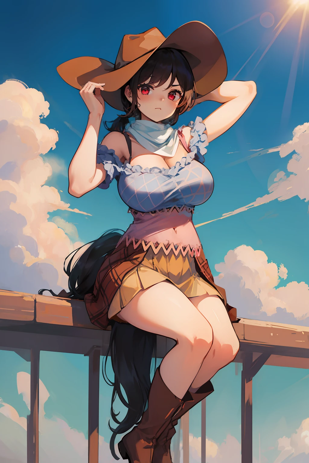 (masterpiece),best quality, expressive eyes, perfect face, 1girl,
big breast, H-cup, good breast, beautiful, gorgeous,anime,girl,lora, floating clothes, tent chest ,
 nipple visible  though clothes,Saki Kurokoma,
red eyes,
black hair,
short hair,
long ponytail,
black wings,
black horse tail,
brown cowboy hat,
brown boots,
light blue plaid shirt,
light pink shirt,
brown plaid skirt,
light orange skirt,
shoulders,
white bandana tied around neck,W sitting, w sitting on ground, legs on ground, arms between legs, both arms between, hands between thighs