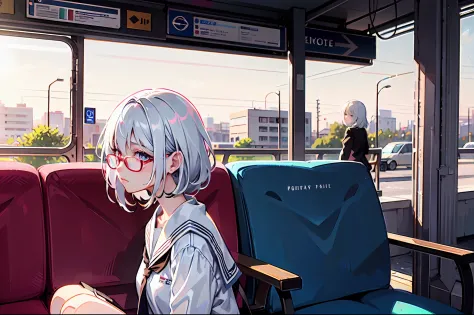 a college girl with glasses sitting ont the bench, white dyed hair, white shirt, side view, sad face, tired, bus station, alone,...