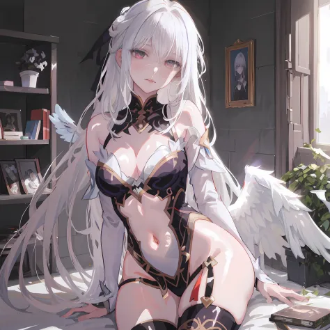 Anime - sexy woman style image with angel wings, Anime goddess, seductive anime girls, 8K high quality detailed art, White-haired god, anime highly detailed, Perfect white haired girl, full - body majestic angel, Guweiz in Pixiv ArtStation, angelic wings o...