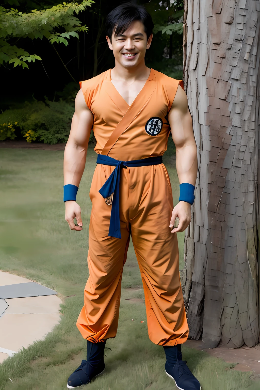 (8k, best quality, masterpiece:1.2),80mm, hd, realistic, 1manphoto, gentle man, asian young man, cosplay, yamcha, male focus, 1boy, black hair, solo, scar on face, smile, muscular male, spiked hair, black eyes, short hair, forehead, orange dougi, orange pants, blue sash, outdoors, (blue wristband), looking at viewer, day, tree, blue sky, grass, rock, insignia,alternate hairstyle