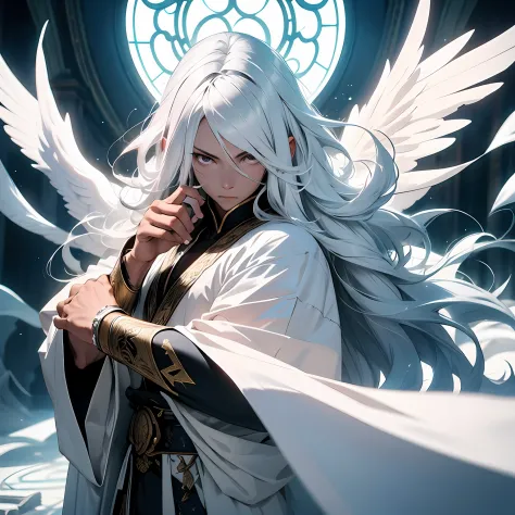 1men, wind god, white robe, angel, long white hair, silver sword, big wings,