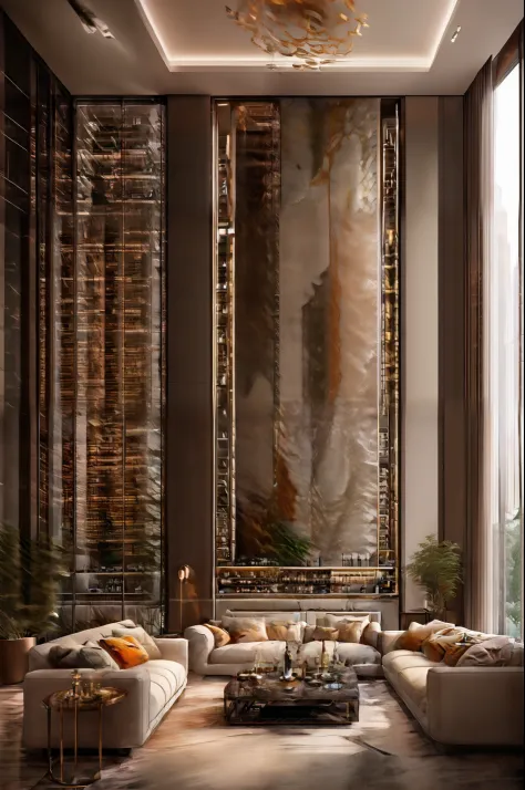 Ultra photo realsisim， tmasterpiece， best qualtiy， ultra - detailed， 超高分辨率， RAW photogr， 8K，，luxurious ambiance，Floor-to-ceiling windows provide plenty of natural light。Future living room，Complex futuristic cyberpunk image。One of the walls should have a la...