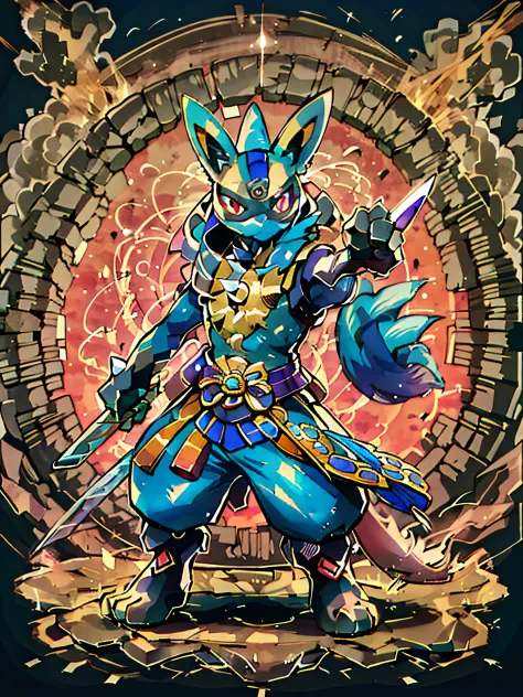 neste design de camiseta impressionante, lucario appears in a confident and serious pose, holding two japanese swords in his ski...