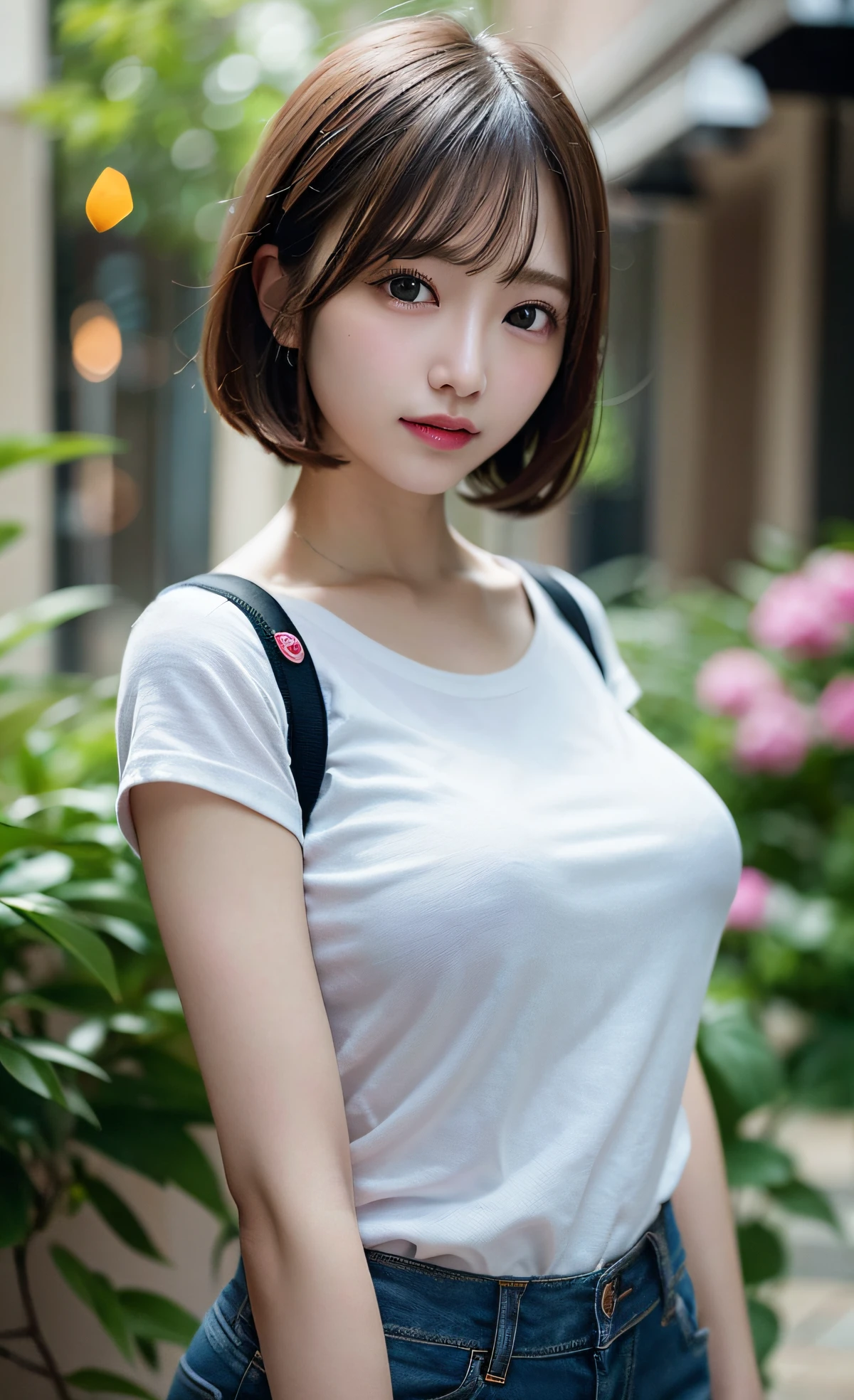 8k,プロフェッショナル照明 ,超高解像度 ,(写真のような: 1.3) ,かわいい , (おっぱいを露出:1.1) ,鮮やかな花 ,パリッとしたTシャツ ,詳細な顔 ,ボブカット ,(((非対称))) ,