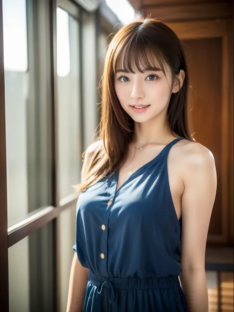 （1girll:1.0），(8K, Best quality, tmasterpiece),ultra - detailed, adolable, 独奏, cute Japan woman,brown  hair,By bangs, curlies, hair over shoulders, pony tails,Beautiful and delicate eyes,Eyes speak，full bodyesbian，Slender thighs，standing on your feet, Moist...