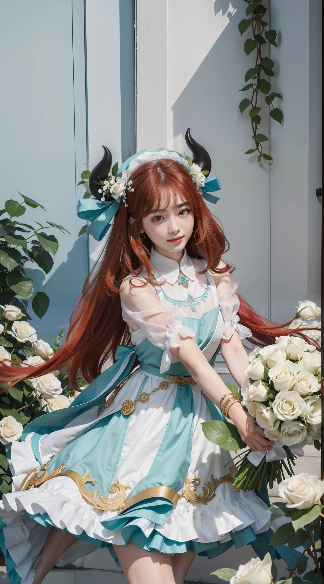 Best quality at best，超高分辨率，（真实感：1.4），（beuaty girl：1.4），Detailed facial details，Beautiful detailed eyes，light-red hair，Light green eyes，Slim，Black horns，Wearing a white and blue wedding dress，White maid hat，haunting smile，Behind it is a cluster of white roses，Very meticulous clothes，Young and cute Korean face，nilou（Genshin Impact），plain face