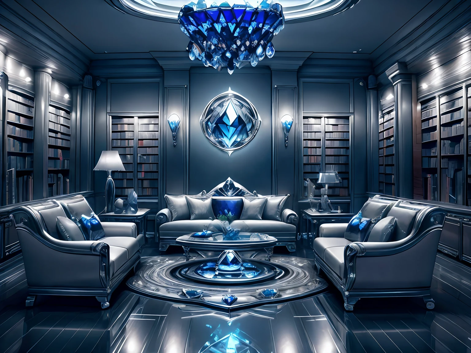 ((ultra detailed abstract photography of a SilverSapphireAI library)), (Living room interior:1.2), with light glowing, (Masterpiece), Realistic, Cinematic light, thunderstorm, Hyperdetailed painting,Sci-fi furniture， Luminism, 4K resolution, fractal isometrics details, (overgrown by bioluminescent mushrooms moss vines:.4), pools of water reflecting the thunderstorm, Photographic realism, 3D rendering of, Octane rendering,