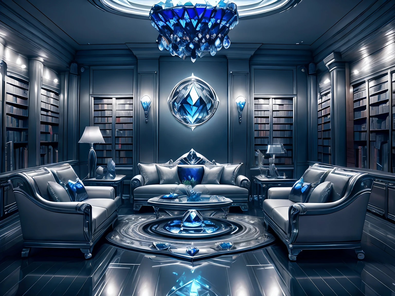 ((ultra detailed abstract photography of a SilverSapphireAI library)), (Living room interior:1.2), with light glowing, (Masterpiece), Realistic, Cinematic light, thunderstorm, Hyperdetailed painting,Sci-fi furniture， Luminism, 4K 分辨率, fractal isometrics details, (overgrown by bioluminescent mushrooms moss vines:.4), pools of water reflecting the thunderstorm, Photographic realism, 3D rendering of, Octane rendering,