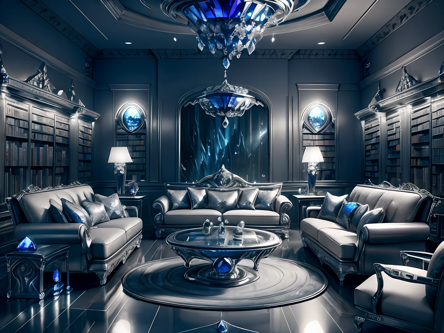 ((ultra detailed abstract photography of a SilverSapphireAI library)), (Living room interior:1.2), with light glowing, (Masterpiece), Realistic, Cinematic light, thunderstorm, Hyperdetailed painting,Sci-fi furniture， Luminism, 4K resolution, fractal isometrics details, (overgrown by bioluminescent mushrooms moss vines:.4), pools of water reflecting the thunderstorm, Photographic realism, 3D rendering of, Octane rendering,