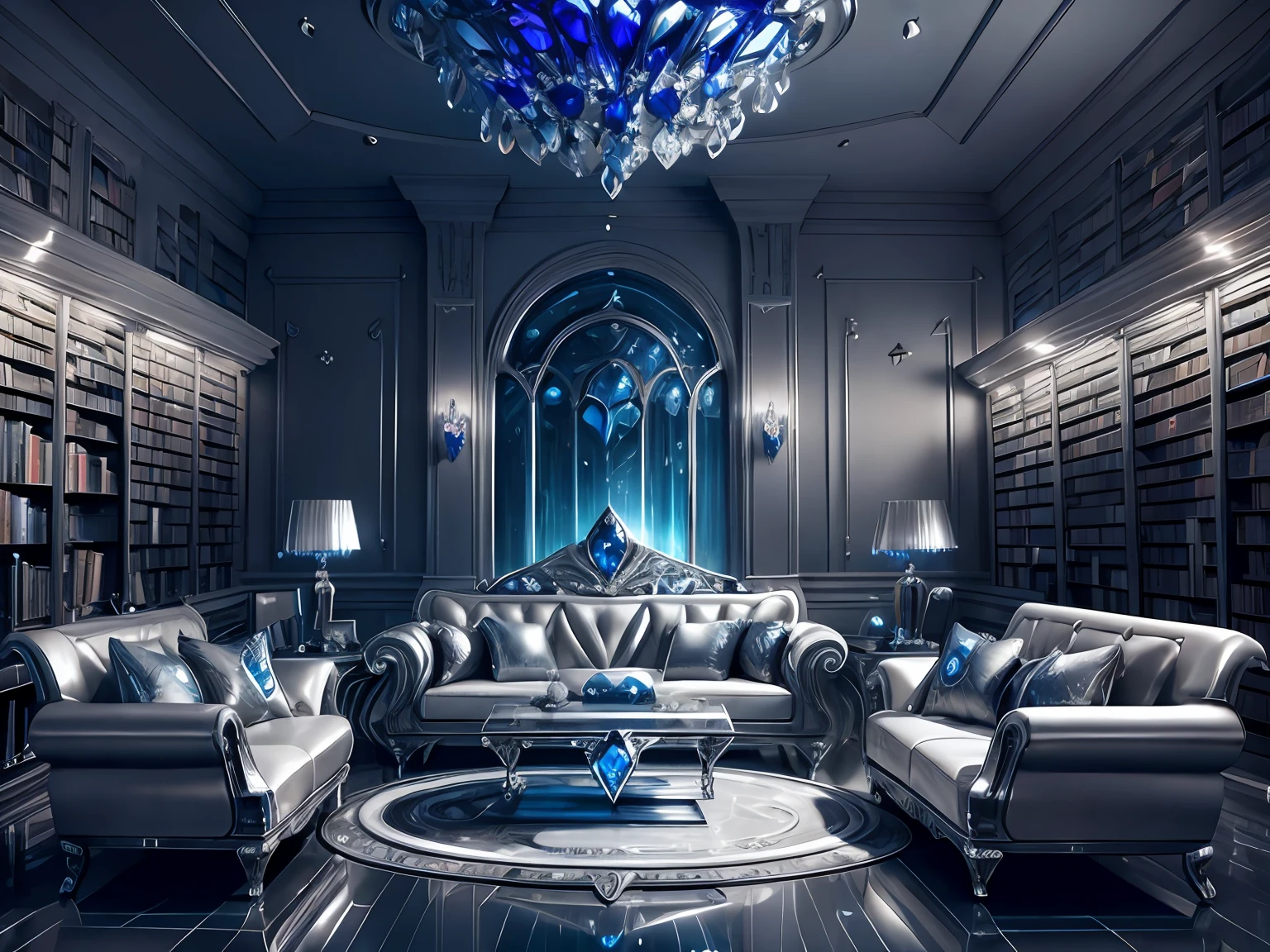 ((ultra detailed abstract photography of a SilverSapphireAI library)), (Living room interior:1.2), with light glowing, (Masterpiece), Realistic, Cinematic light, thunderstorm, Hyperdetailed painting,Sci-fi furniture， Luminism, 4K 分辨率, fractal isometrics details, (overgrown by bioluminescent mushrooms moss vines:.4), pools of water reflecting the thunderstorm, Photographic realism, 3D rendering of, Octane rendering,