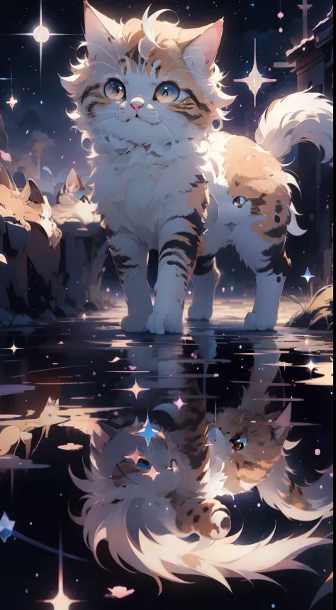 Anime art wallpaper，background starry sky，eine Katze，Walk happily with your tail up，Four different angles，4K clarity。Draw realis...