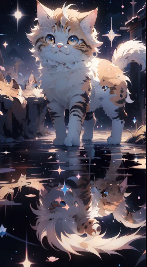 anime art wallpaper，background starry sky，eine katze，walk happily with your tail up，four different angles，4k clarity。draw realis...