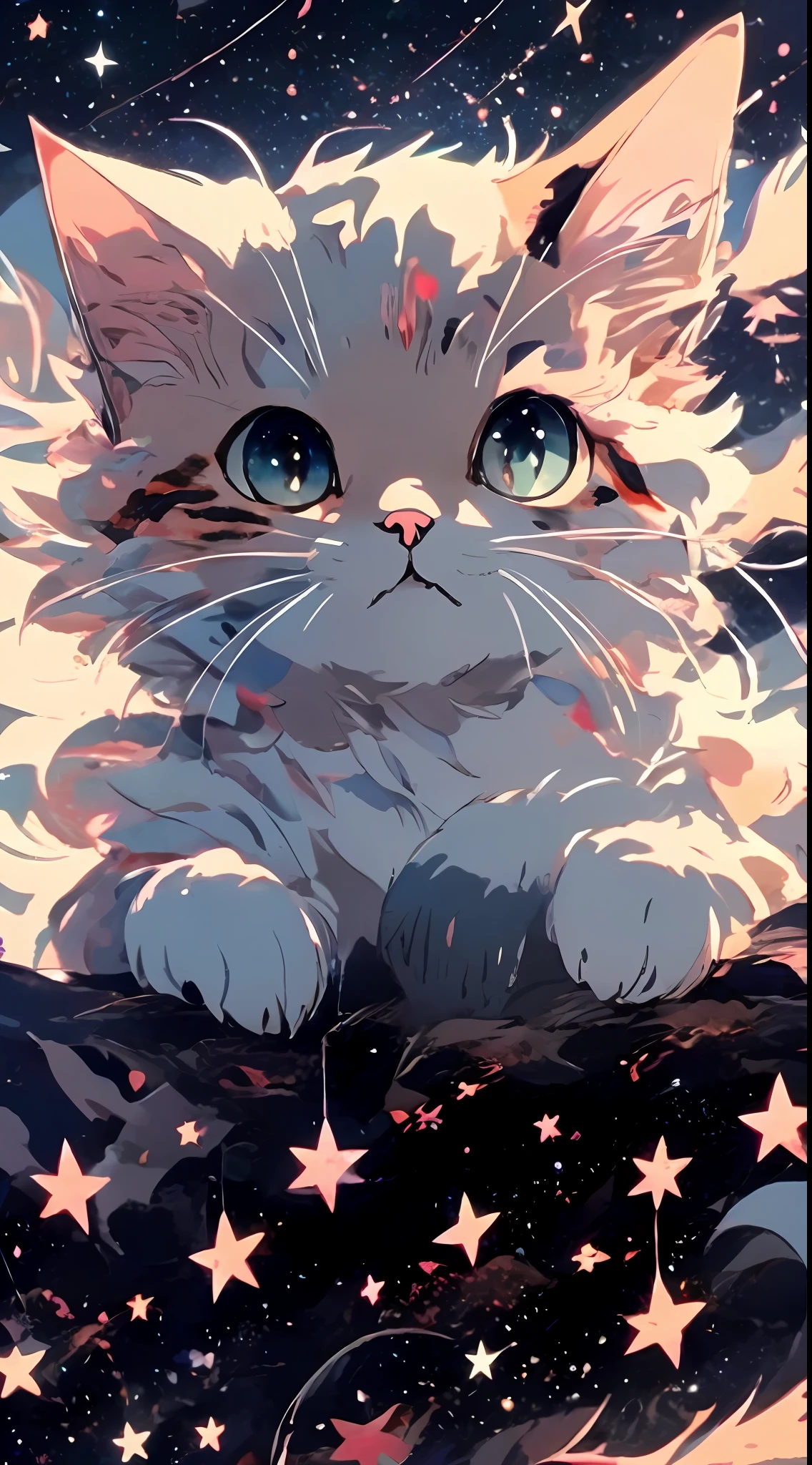 Anime-Kunst-Tapete，Hintergrund Sternenhimmel，eine Katze，Gehen Sie glücklich mit erhobenem Schwanz，Der Katzenkopf erscheint，4K-Klarheit。Zeichne realistische und süße Anime-Katzen im Detail，digitaler Kunststil。Digitales Anime-Hintergrundbild in 8K HD，Ultrahohe Detailwerte，Zart und süß，Präsentation der schönsten digitalen Animationskunst。