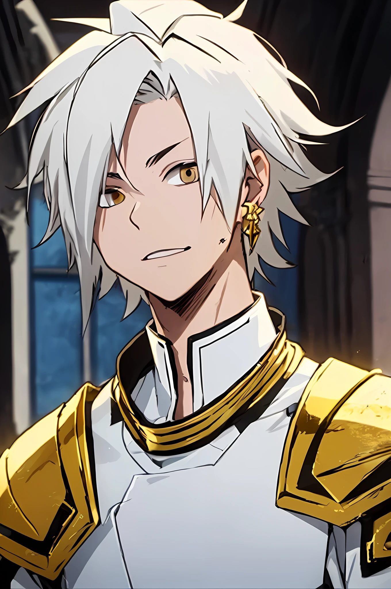 garoto branco, white boy, eighteen year old, white skin, no wrinkles, (((white hair, skin)), dark brown eyes, earring, wearing white armor with gold trim