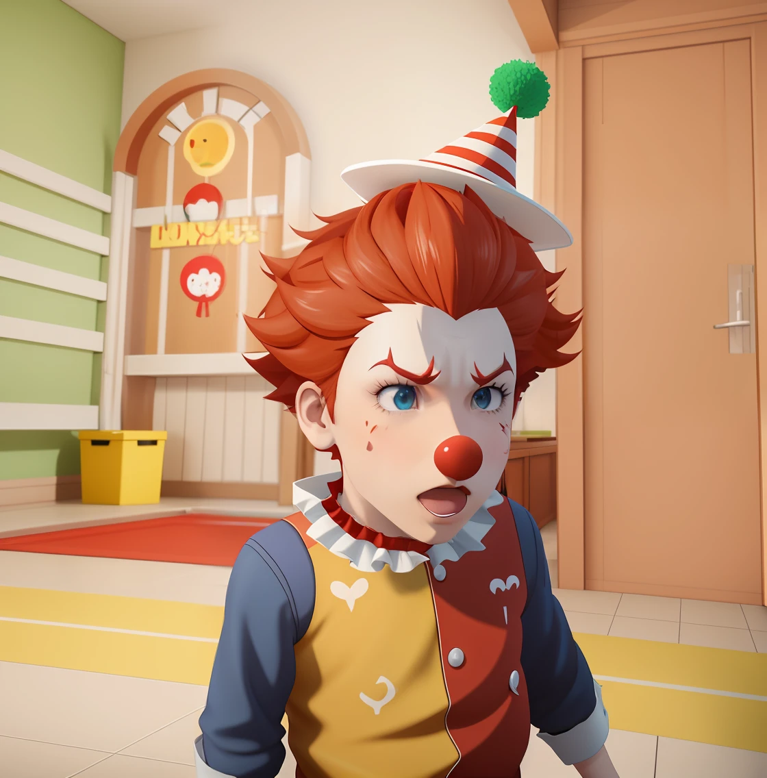 Drawn as 2D manga anime, Very angry cartoon boy with red hair and a clown hat in, Penteado vermelho Ronald McDonald, Avatar do Second Life, avatar Roblox, Avatar de videogame, Cabelo vermelho de Ronald McDonald, Anime estilo 3D, Captura de tela do jogo Life Simulator, bryce 3 d estilo, 3D estilizado, wearing a  hat, Captura de tela do videogame>, Estilo Pennywise, videogame ainda, Personagem 3D