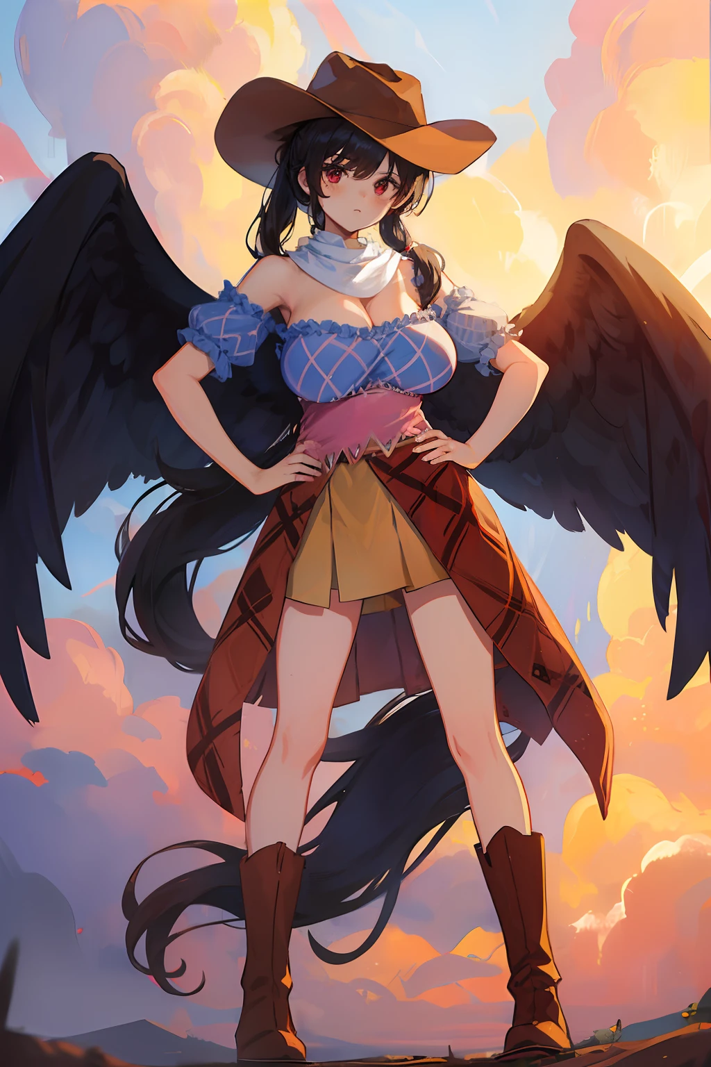 (masterpiece),best quality, expressive eyes, perfect face, 1girl,
big breast, H-cup, good breast, beautiful, gorgeous,anime,girl,lora, floating clothes, tent chest ,
 nipple visible  though clothes,Saki Kurokoma,
red eyes,
black hair,
short hair,
long ponytail,
black wings,
black horse tail,
brown cowboy hat,
brown boots,
light blue plaid shirt,
light pink shirt,
brown plaid skirt,
light orange skirt,
shoulders,
white bandana tied around neck,hands on waist, hands on hips