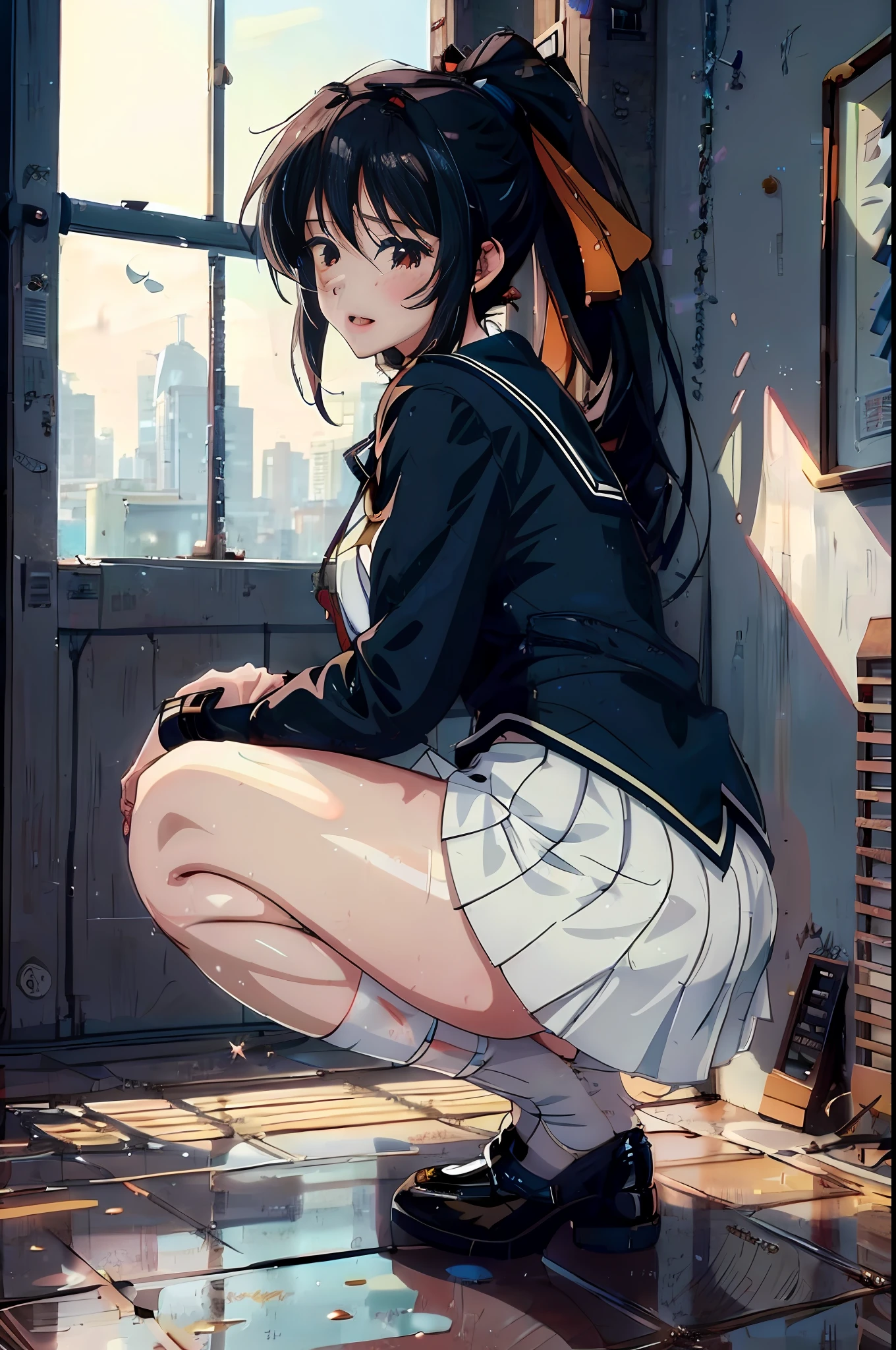 anime girl kneeling down in a room with a window and city in the background, beautiful anime girl squatting, the anime girl is crouching, an anime girl, anime girl, seductive anime girl, beautiful anime high school girl, young anime girl, kantai collection style, attractive anime girl, anime girls, beautiful anime girl, anime vibes, pretty anime girl