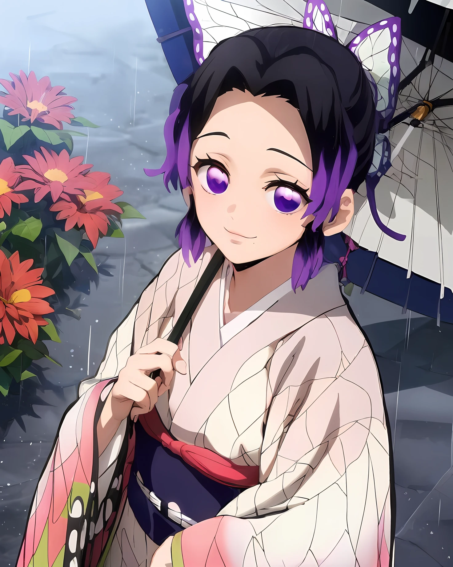  anime na roupa do quimono segurando o guarda-chuva na chuva, Kimetsu no Yaiba, Fanart de Rui Demon Slayer, visual anime de uma  bonito, estilo de arte anime moe, Hanyamata, estilo de arte do matador de demônios, em um quimono, em estilo anime, em quimono, inspirado em Nishikawa Sukenobu, visual anime de uma jovem mulher, melhor qualidade, 8K