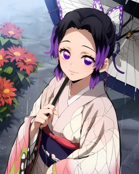 Menina anime na roupa do quimono segurando o guarda-chuva na chuva, Kimetsu no yaiba, Demon Slayer rui fanart, visual anime de u...