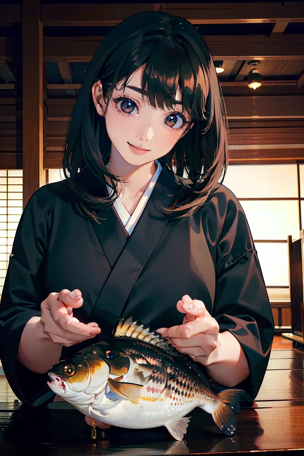 (((catching big black bass))),((Best quality, 8k, Masterpiece :1.3)),(25years old japanese girl)black hair, hair bobbles, wince, longeyelashes, solid circle eyes, light smile,Surrealism, drop shadow, anaglyph, stereogram, tachi-e, pov, atmospheric perspective, 8k, super detail, ccurate, best quality,