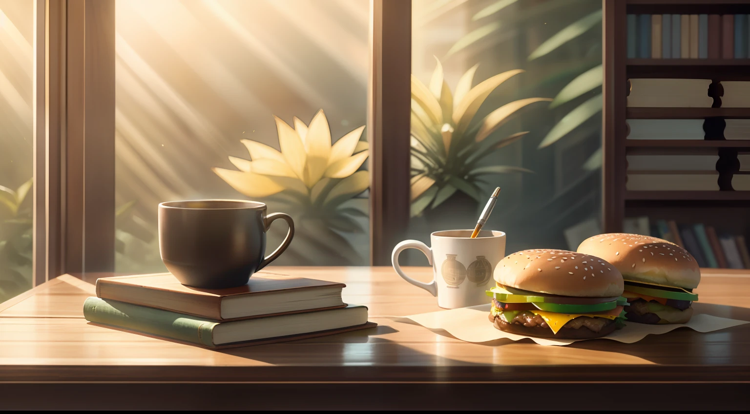 Coin supérieur droit sous la lumière du soleil，une table en bois près de la fenêtre，Sur la table sont empilés des livres、Grandes lunettes de soleil、tasse de café、jus d'orange、Restes de hamburgers、Des chips de pommes de terre joyeuses、Un joli manuel et un joli stylo。détail haute définition，photoréaliste，texture de peinture à l&#39;huile，la douce lumière。 --v6