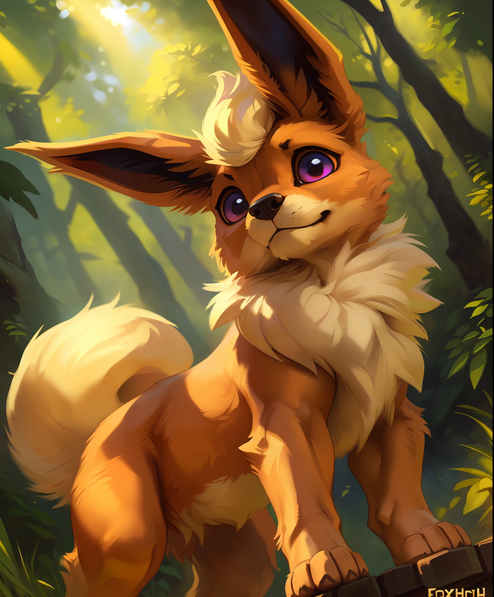 uploaded on e621, ((by Darkgem, by Colin Campbell Cooper, by Foxovh, by Kenket)),
solo chibi (quadruped feral:1.4) ((Flareon)) with ((dark yellow body)) and ((clear dark magenta eyes)) and ((white tuft)) and (light yellow fluffy tail),
(detailed Flareon), ((detailed fluffy fur)),
(full-length portrait, looking at viewer, three-quarter view, [low-angle view]:1.2),
BREAK,
(detailed background, depth of field, half body shadow, sunlight, ambient light on the body),
(intricate:0.7), (high detail:1.2), (unreal engine:1.3), (sharp focus:1.1),
[explicit content, questionable content], (masterpiece, best quality, 4k, 2k, shaded, absurd res)