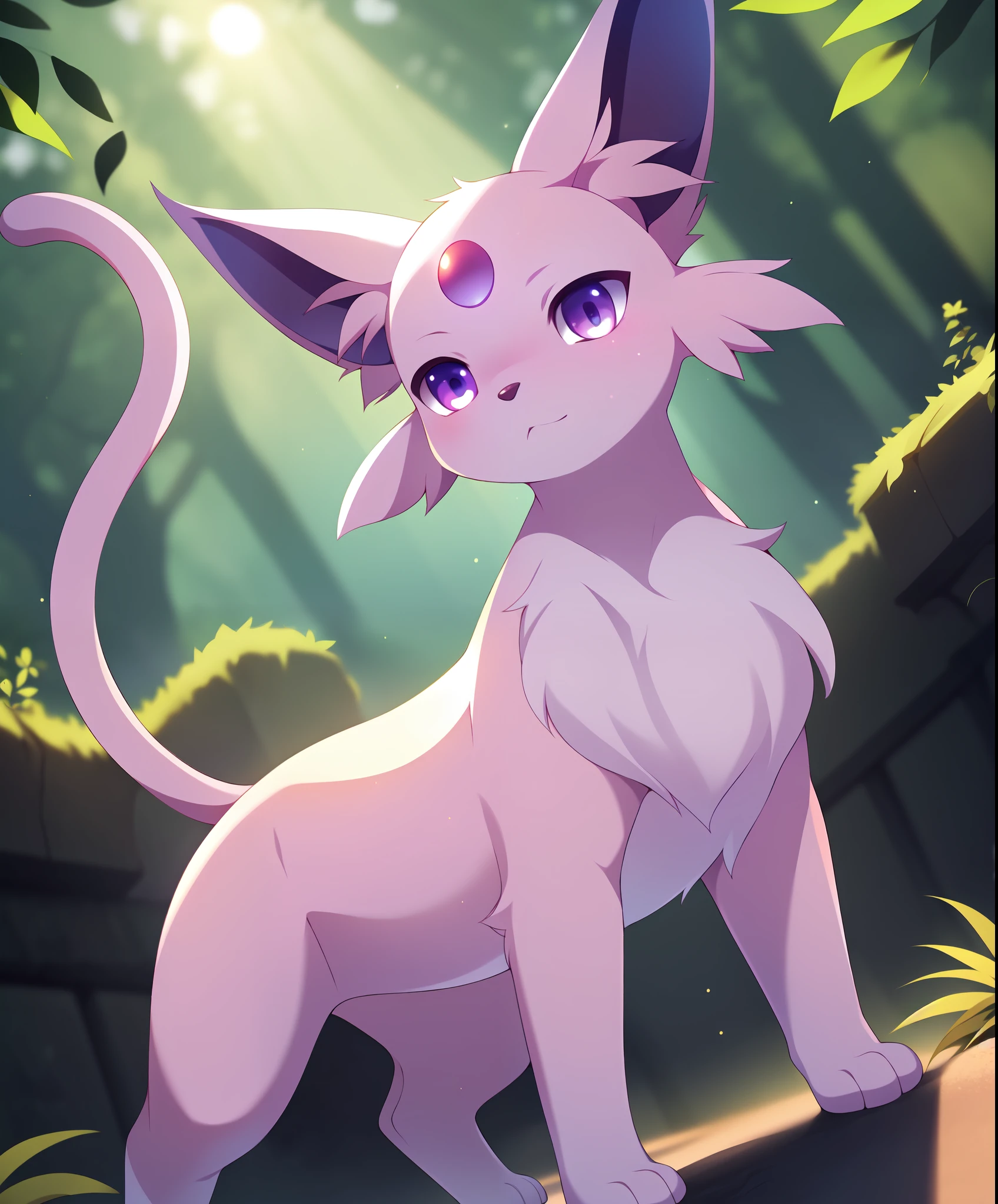 uploaded on e621, ((by Fumiko, by Makoto Shinkai, by Kaeritai07)),
solo chibi (quadruped feral:1.4) ((Espeon)) with ((light medium purple body)) and ((clear violet eyes)),
((purple cheek tuft)) and (long ears) and ((long cat tail)),
(detailed Espeon), ((detailed fluffy fur)),
(full-length portrait, looking away, three-quarter view, [low-angle view]:1.2),
BREAK,
(detailed background, depth of field, half body shadow, sunlight, ambient light on the body),
(intricate:0.7), (high detail:1.2), (unreal engine:1.3), (sharp focus:1.1),
[explicit content, questionable content], (masterpiece, best quality, 4k, 2k, shaded, absurd res)