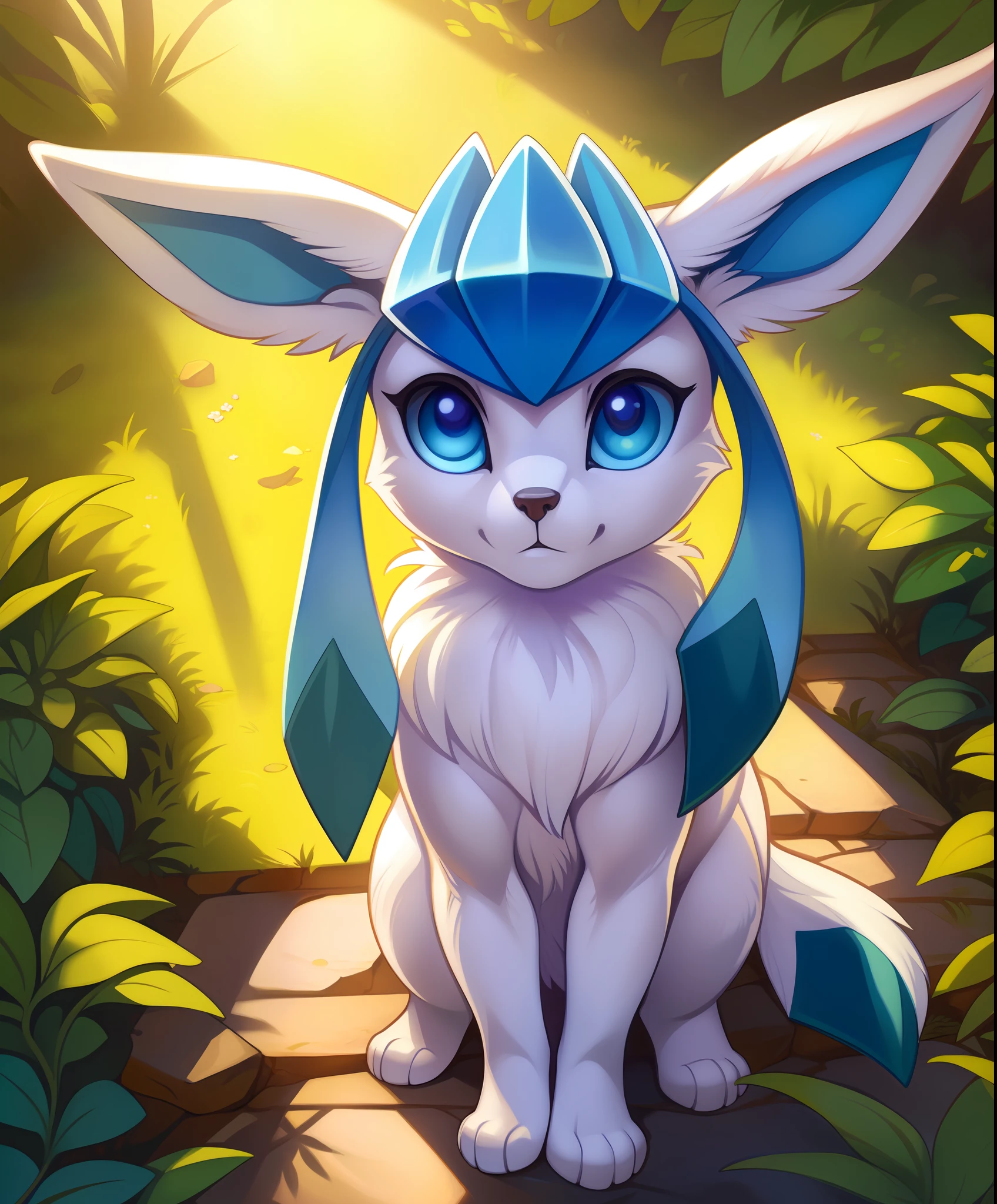 uploaded on e621, ((by Fernand Toussaint, by Julie Bell, by Alphonse Mucha, by Dan Mumford, by Katsushika Hokusai)),
solo chibi (quadruped feral:1.4) ((Glaceon)) with ((indigo body)) and ((clear indigo eyes)) and (blue dipstick tail),
(detailed Glaceon), ((detailed fluffy fur)),
(half-length portrait, looking away, front view, [high-angle view]:1.2),
BREAK,
(detailed background, depth of field, half body shadow, sunlight, ambient light on the body),
(intricate:0.7), (high detail:1.2), (unreal engine:1.3), (soft focus:1.1),
[explicit content, questionable content], (masterpiece, best quality, 4k, 2k, shaded, absurd res)