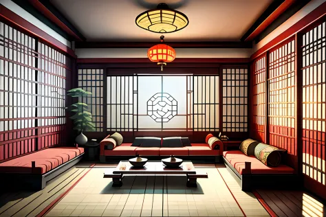 chinese-style living room with no furniture, empty space, front symmetry