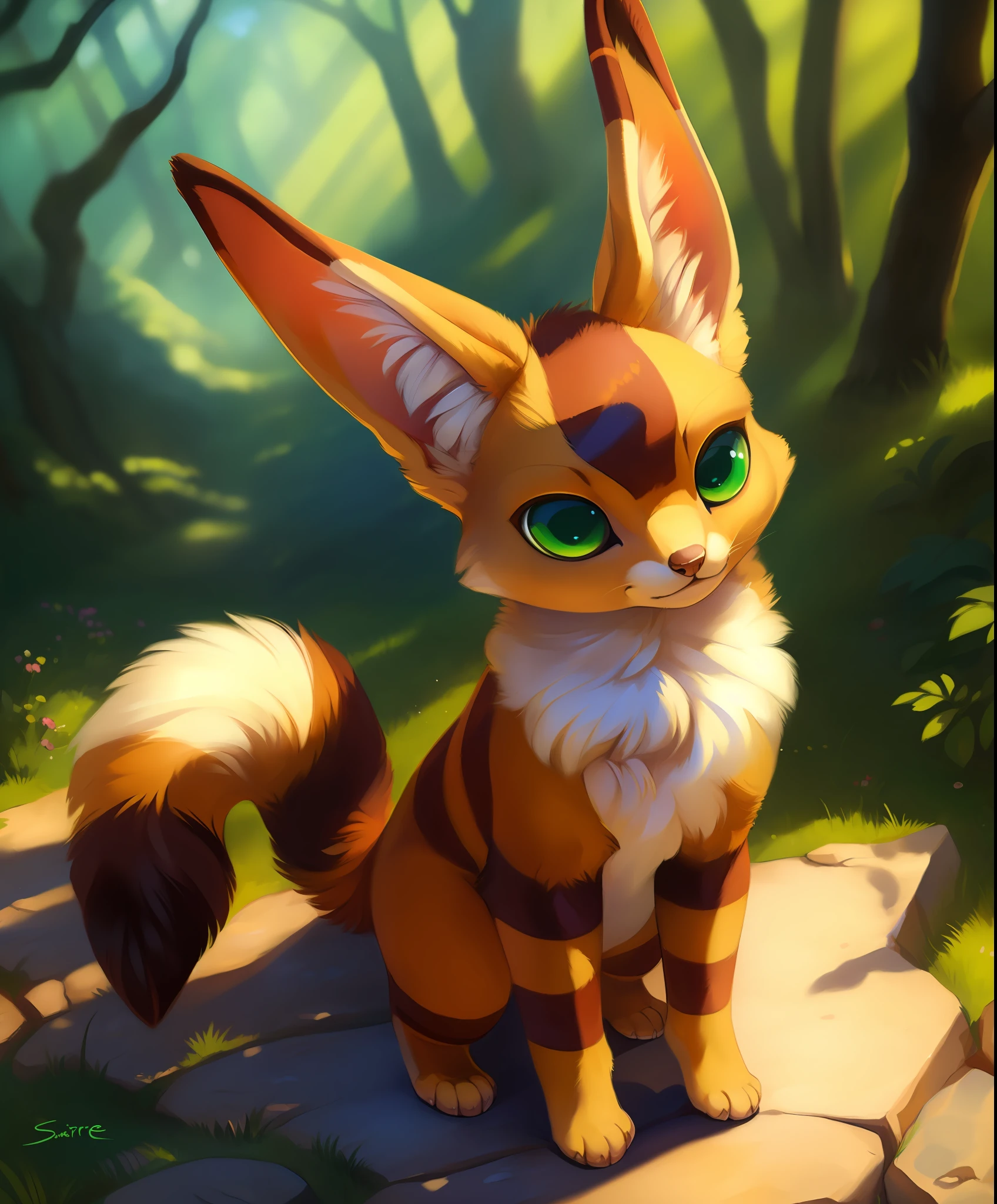 uploaded on e621, ((by Sabretoothed Ermine, by Supplesee, by Joaqun Sorolla)), solo (quadruped feral:1.4) chibi (((Teto \(ghibli\)))) with ((brown body)) and (fluffy tails, inner fluff ear, cheek tuft, fennec ears) and ((clear green eyes)), (detailed Teto \(nausicaa\)), ((detailed fluffy fur)), (full-length portrait, looking away, front view, [high-angle view]:1.2), BREAK, (detailed background, depth of field, half body shadow, sunlight, ambient light on the body), (intricate:0.7), (high detail:1.2), (unreal engine:1.3), (soft focus:1.1), [explicit content, questionable content], (masterpiece, best quality, 4k, 2k, shaded, absurd res)