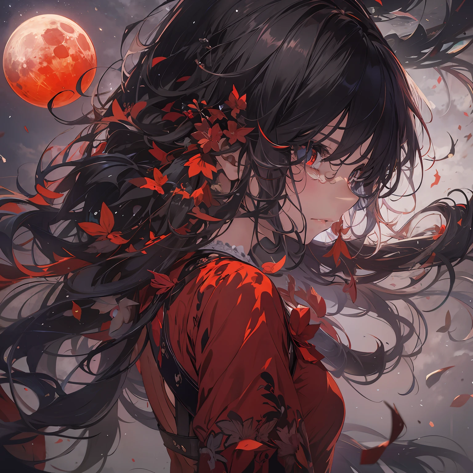 Anime girl with long black hair and red dress with red moon in background -  SeaArt AI