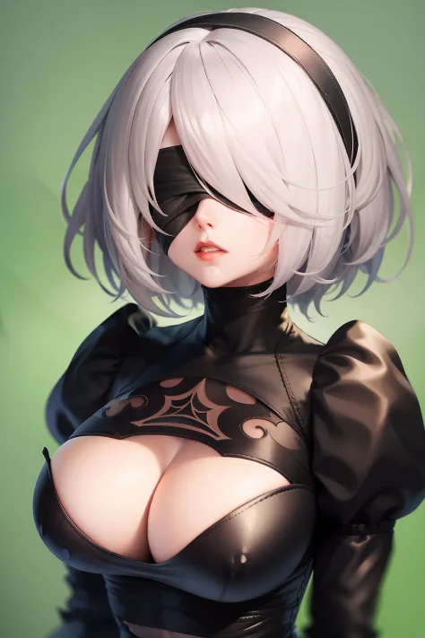 yorha no. 2 type b, 1girl, blindfold, breasts, cleavage, cleavage cutout, clothing cutout, green background, hair between eyes, hairband, highres, juliet sleeves, long sleeves, puffy sleeves, red lips, shaded face, short hair, solo, turtleneck, upper body,...