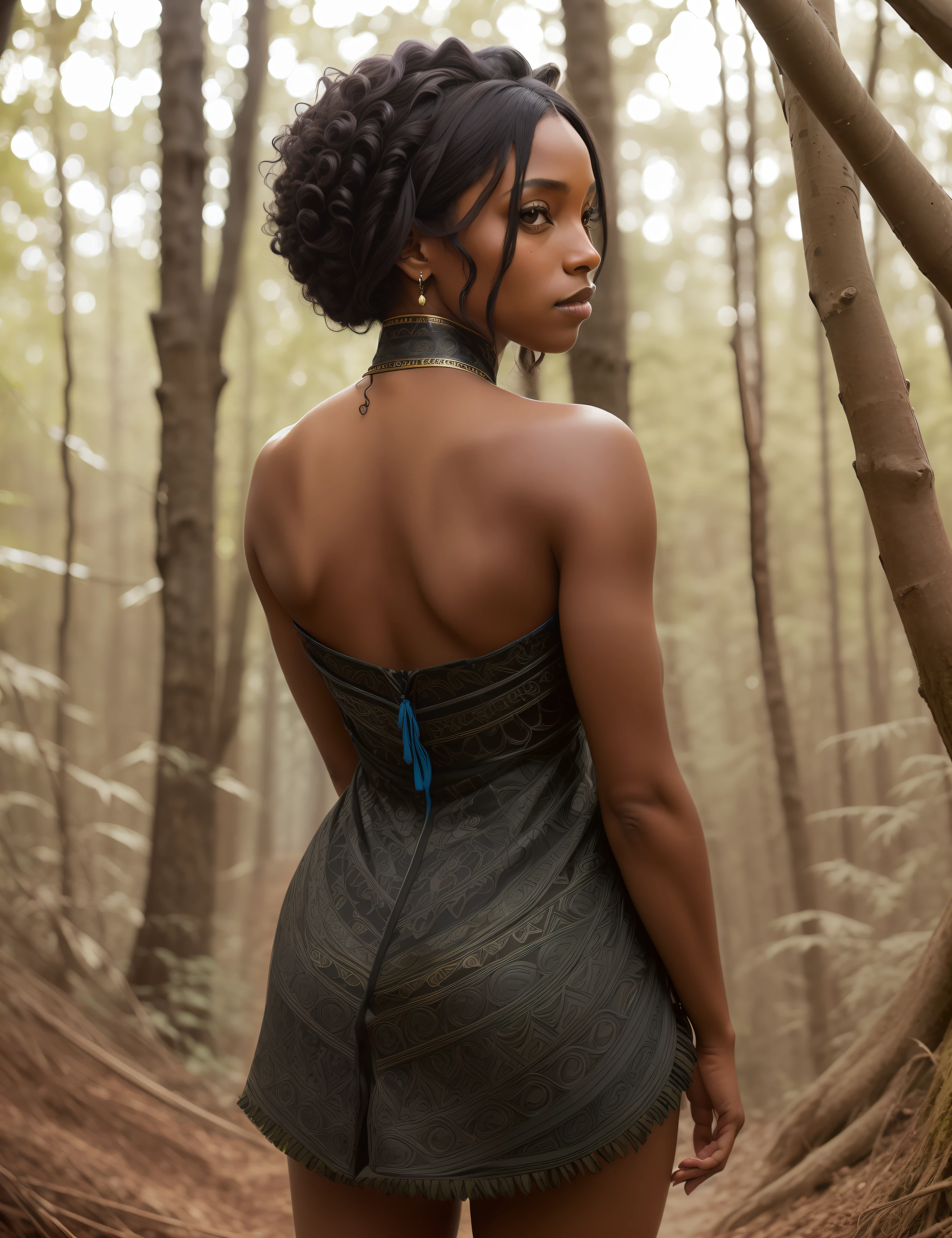 (Happy:1.3) black, (dark skin:1.1) woman black woman, back, standing with his back to the camera, leaned forward, george miller cinematography, wide-angle, portrait, realistic, cinematic, 8k, highly detailed, highly detailed eyes, shphotography, professional, canon camera, nikon camera, sharp, bokeh, in the forest, studio quality, color grading, by Alphonso Mucha, by Rodrigo Prieto