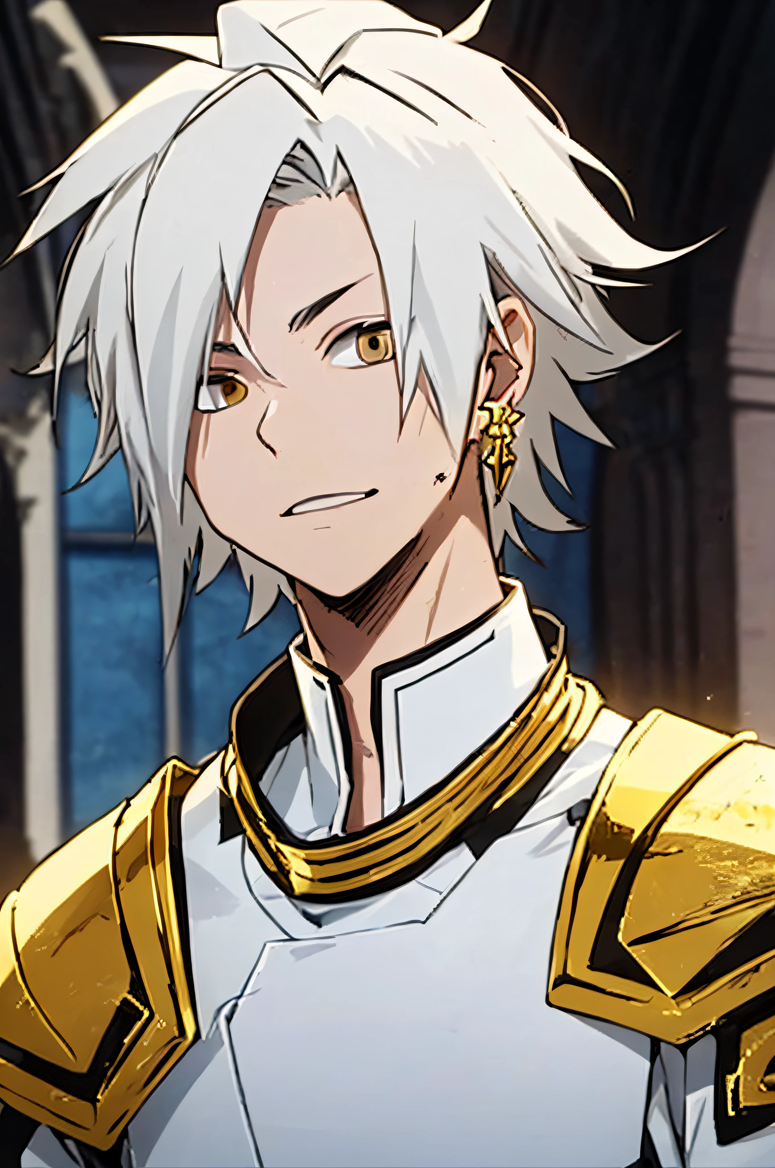 garoto branco, white boy, eighteen year old, white skin, no wrinkles, (((white hair, skin)), dark brown eyes, earring, wearing white armor with gold trim