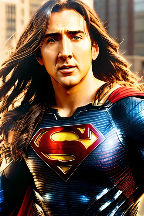 superman is standing in front of a building with his cape up, nicholas cage as superman, superman, nicolas cage as superman, tex...