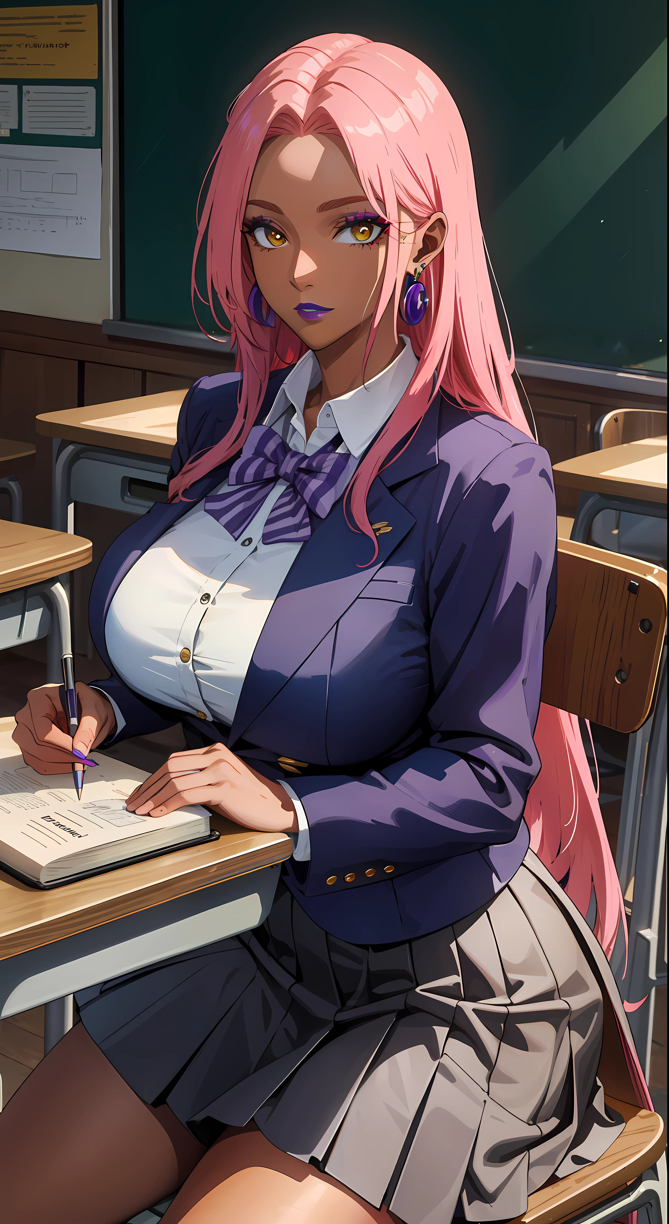(masterpiece, highres, best quality:1.3), 8K, highly detailed, intricate, colorful, vibrant image, sharp focus, digital blending, 4K, trending on pixiv Ingrid, ((mid high school uniform)), solo, mature female, 40yo, milf, curvy, (dark skinned female:1.15), dark skin, posing, classroom, book, book on table, sitting on chair, leaning to table, (caring look:1.2), looking at viewer, cowboy shot, pink hair, very long hair, forehead, hair intakes, purple lipstick, makeup, mole under mouth, yellow eyes, perfect eyes, perfect face, ultra detailed hair, ultra detailed face, earrings, ultra detailed lips, large breasts, ultra detailed lipstick,
