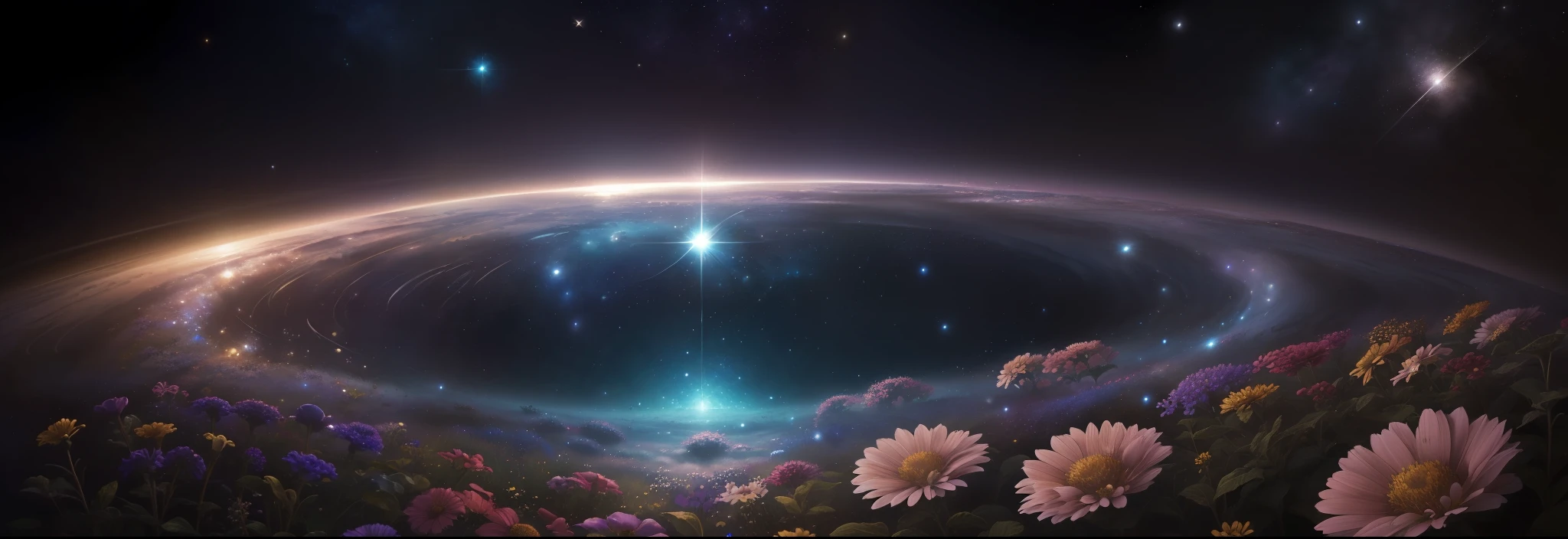 (melhor qualidade, Detalhes ultra-realistas, pintura digital 4k), Flores vagando no vácuo do espaço profundo, cheio de estrelas e eventos caóticos.