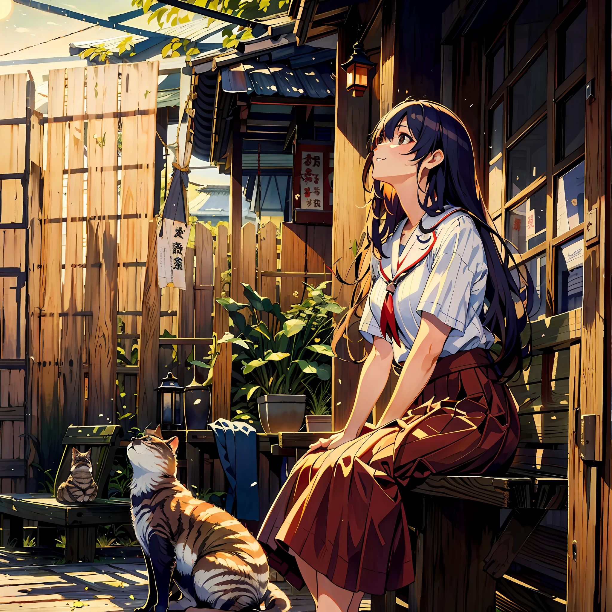 tmasterpiece，high qulity，细致背景，A high resolution，Kizi，long  skirt，short- sleeved，courtyard，long whitr hair，the setting sun，Look up at the sky，potted，green leaf，Japanese courtyard，Don't look at the lens，does not look at the viewer，sitting on a bench，80shair。。，A tanuki cat looks at the sky, offcial art， 8 K, 电影灯光，Storytelling images