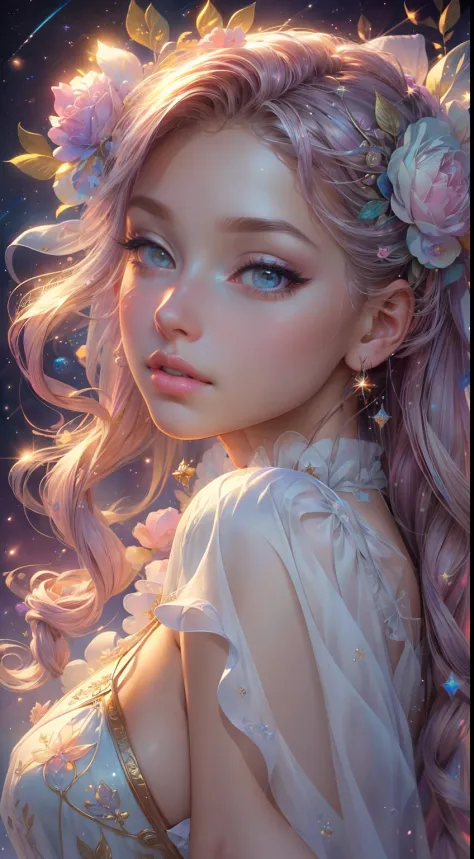 ((masterpiece)). This artwork is sweet, dreamy and ethereal, with soft pink watercolor hues and candy accents. Generate a proud magical woman exploring a (bubblegum world with a wide variety of pastel shades). The woman's sweet face is ((((highly detailed,...