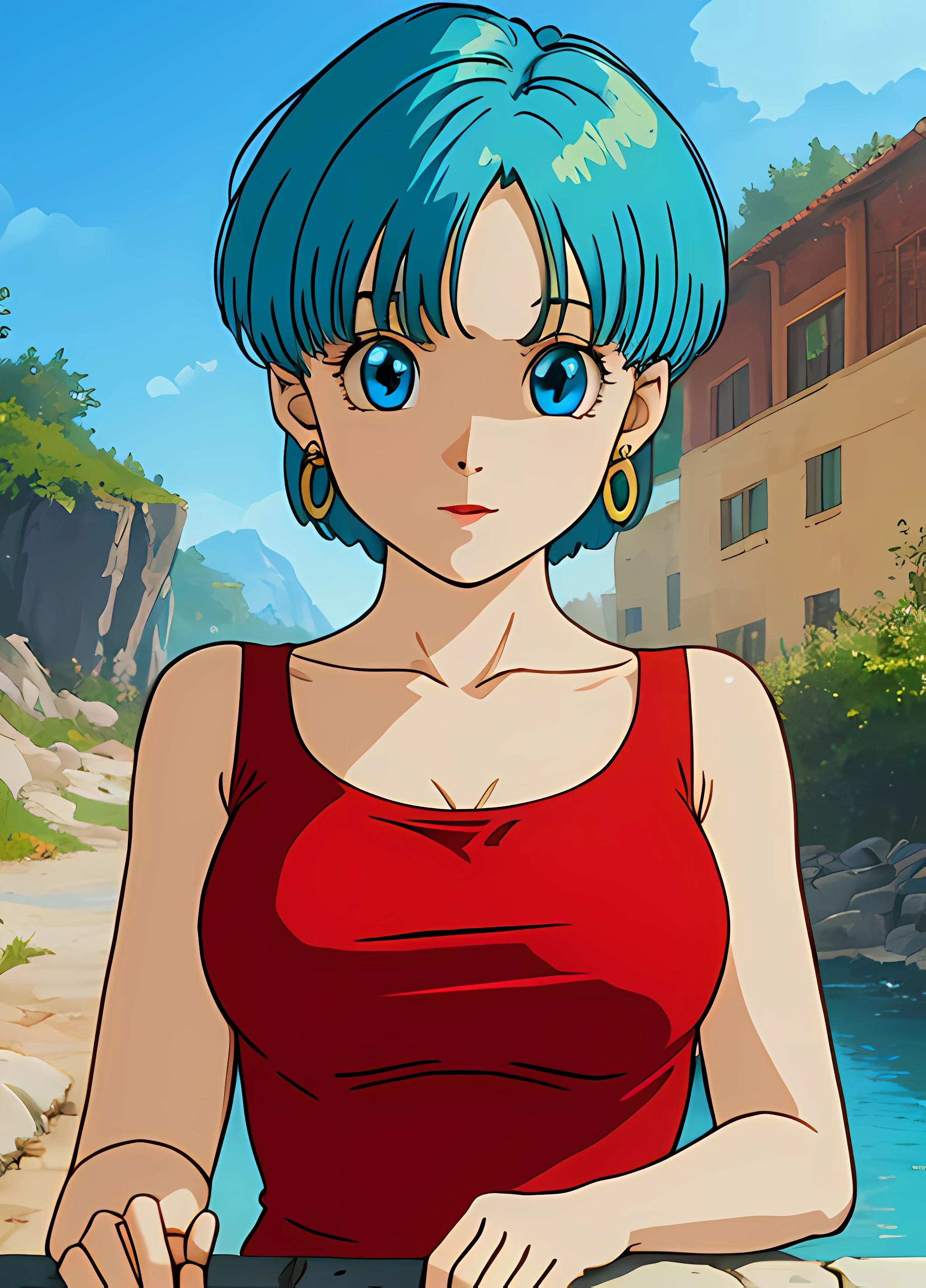 masterpiece, best quality, highest quality, (perfect illumination:1.4), (photorealistic), perfect anatomy, perfect face, perfect eyes, 
 bulmadbzreddress, aqua hair, short hair,  blue eyes, earrings, red bikini, sexy pose